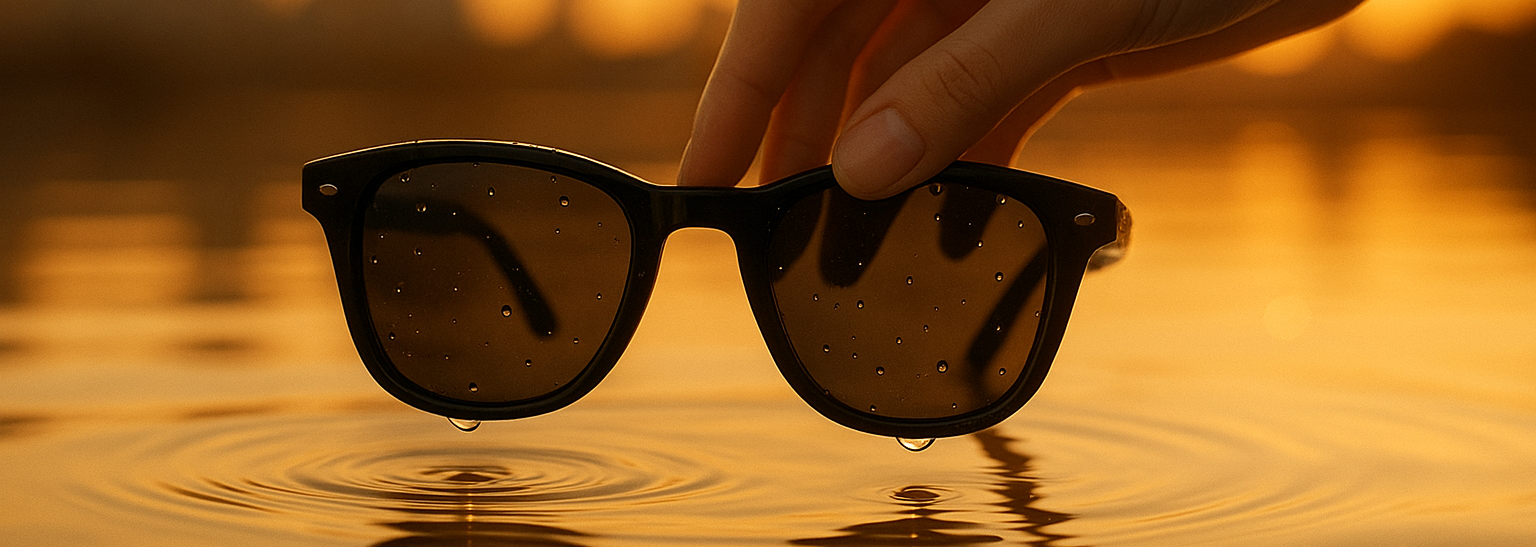 A cinematic lifestyle shot for REIC luxury sunglasses brand, optimized for a mobile Shopify banner (portrait orientation). A hand holds dripping black luxury sunglasses above reflective water at sunset, creating elegant ripples. Minimalist luxury aesthetic, warm golden hour tones, blurred urban background. Add the REIC gold geometric logo subtly at the top center, leaving clean space for text. Ultra realistic, premium fashion brand style.