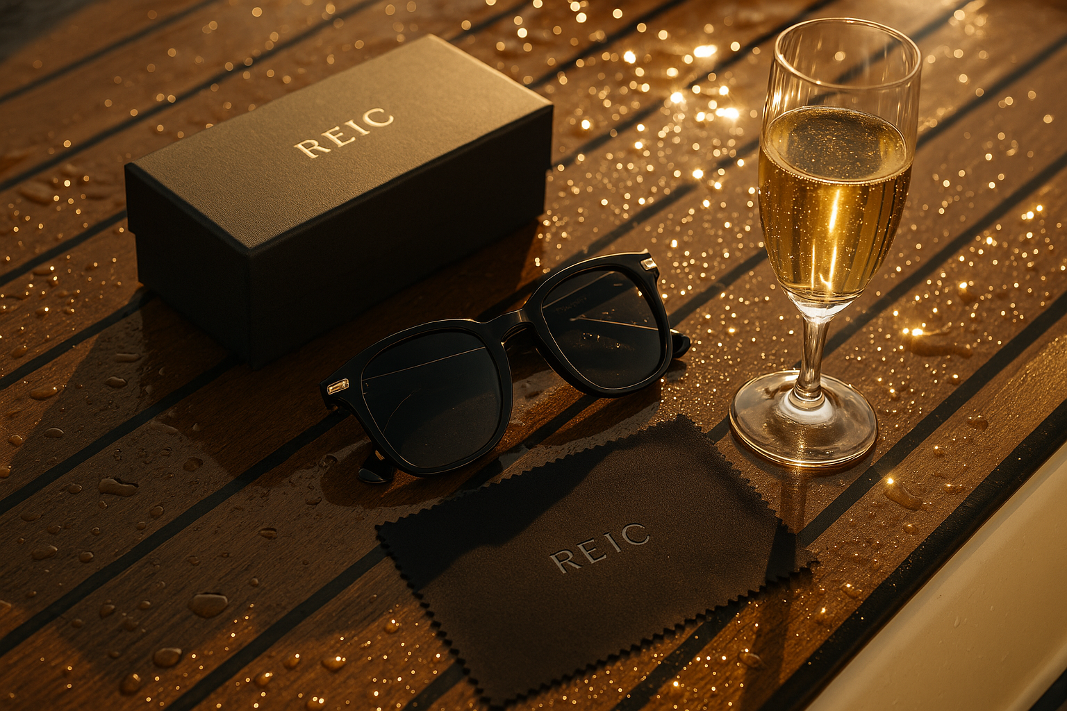 A luxury flat-lay scene of premium black sunglasses with gold accents on a wet yacht deck, beside a glass of champagne, with sunlight reflecting on the surface. Branded microfiber cloth and minimalist packaging with the REIC logo nearby. High-end, editorial aesthetic. For an upscale fashion e-commerce homepage.