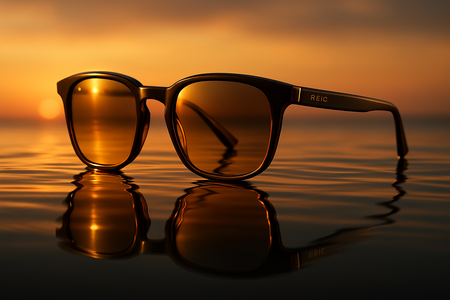 Cinematic luxury photo of REIC sunglasses above reflective water at sunset for Shopify desktop banner (landscape). Add a very subtle dark gradient at the bottom to enhance black text readability while keeping the minimalist premium aesthetic. Ultra-realistic cinematic photography.