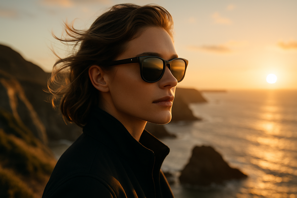 Ultra-realistic cinematic lifestyle photo for REIC sunglasses brand. 
Scene: A traveler wearing black REIC sunglasses with subtle metallic white logo on the temple, standing on a scenic coastal cliff at golden hour. Wind in the hair, warm sunlight reflecting on the lenses, face partially turned to keep the focus on the sunglasses. 
Mood & Style: Premium, aspirational travel lifestyle, freedom, cinematic photography, space for Shopify overlay.
