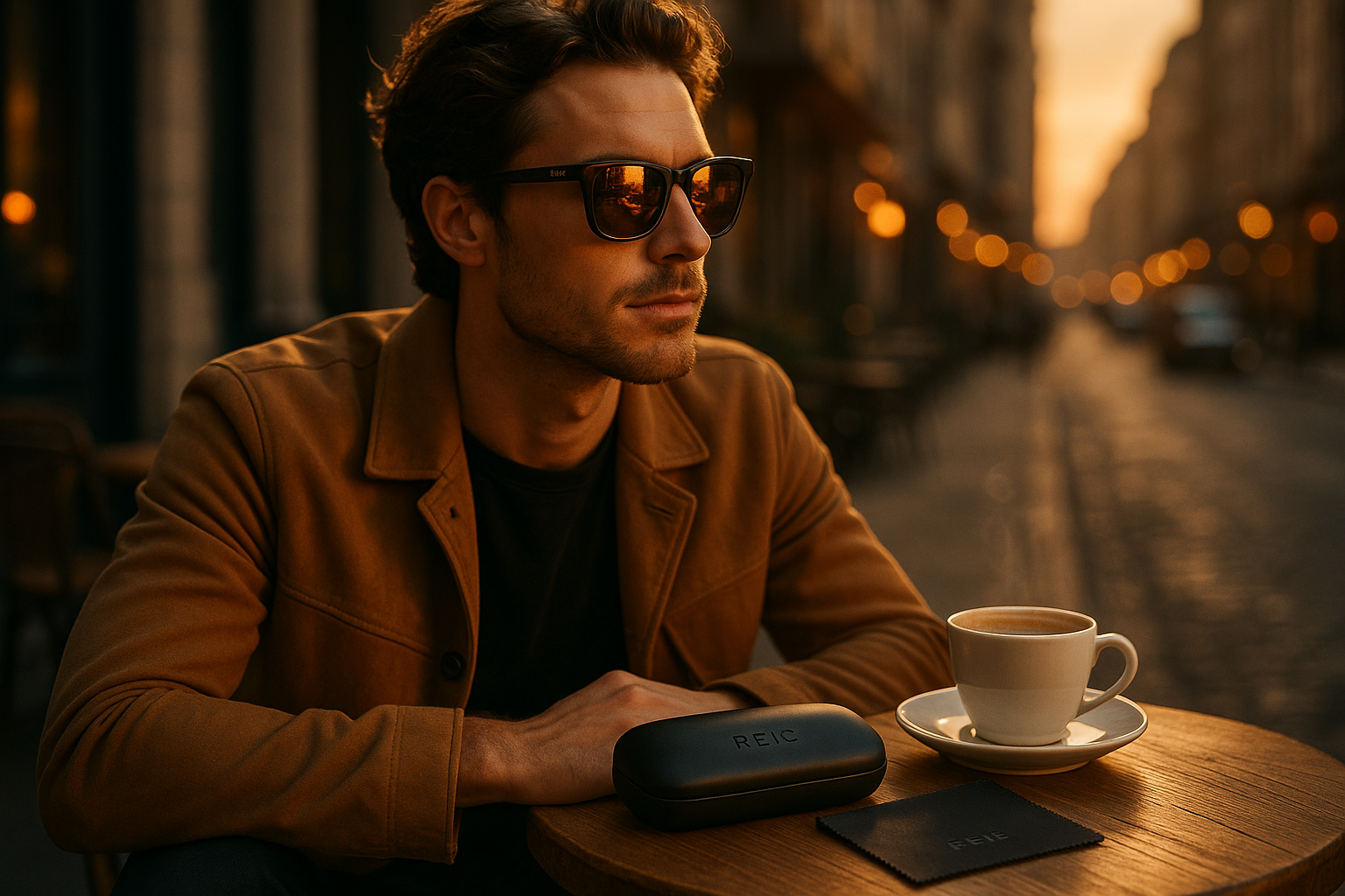 Ultra-realistic cinematic lifestyle photo for REIC sunglasses brand. 
Scene: A young traveler sitting at an outdoor café table with a cup of coffee, REIC sunglasses on their face reflecting the golden-hour city view. A REIC-branded sunglasses case and cleaning cloth rest on the table. 
Mood & Style: Sophisticated, relaxed, cinematic warm tones, premium fashion storytelling.
