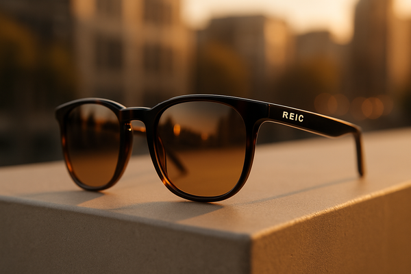 Ultra-realistic cinematic photo for REIC sunglasses brand. 
Scene: A confident person walking through a sunlit urban street wearing REIC sunglasses with subtle metallic white logo on the temple. Background with soft city blur, golden reflections on lenses, casual-chic outfit. 
Mood & Style: Premium, aspirational street style, modern lifestyle, ultra-detailed.
