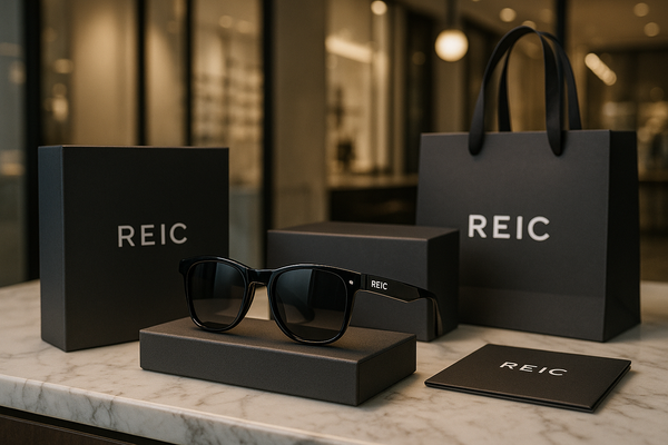 Ultra-realistic lifestyle photo for REIC sunglasses brand. 
Scene: A stylish young adult in a premium boutique holding a pair of REIC sunglasses with metallic white logo on the temple. They are smiling while trying the sunglasses in front of a mirror, with REIC-branded shopping bags and packaging visible in the scene. 
Mood & Style: Elegant, modern retail experience, cinematic fashion brand photography.
